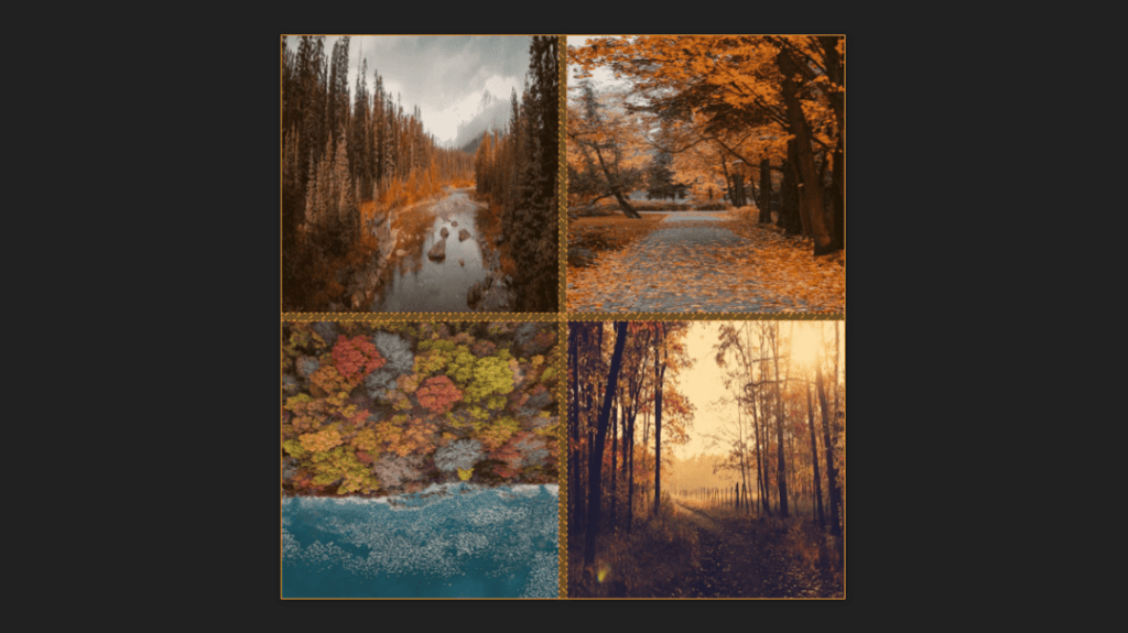 Screenshot of what the first two lines of code produce in a larger layout context: a 2×2 square grid containing 4 images, each having either a portrait or landscape orientation, but distorted to fit their containg square boxes.