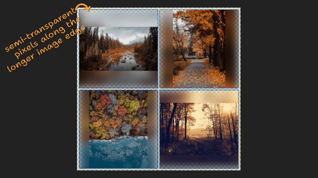 Screenshot. The same 2×2 square grid containing 4 non-square images, each tightly contained in the middle of square box. The difference is that now the empty space along the axis of the smaller image edge has been filled with a blurred version of the same image. Not everything is right though: the pixels of this blurred padding that are close to any of the square box edges are now also semi-transparent.