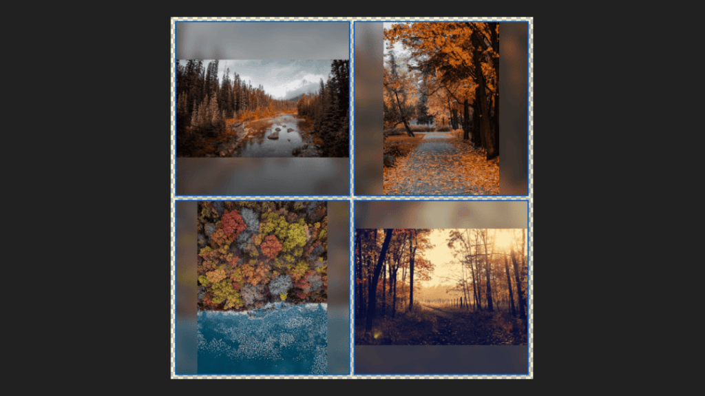 Screenshot. The same 2×2 square grid containing 4 non-square images, each tightly contained in the middle square box and with a blur extension filling the empty cell space along the axis of its shorter edge. The problem of the semi-transparent pixels close to the cell edges is now fixed: all pixels of the blur extension are now fully opaque, something made obvious by the checkerboard pattern backdrop behind.
