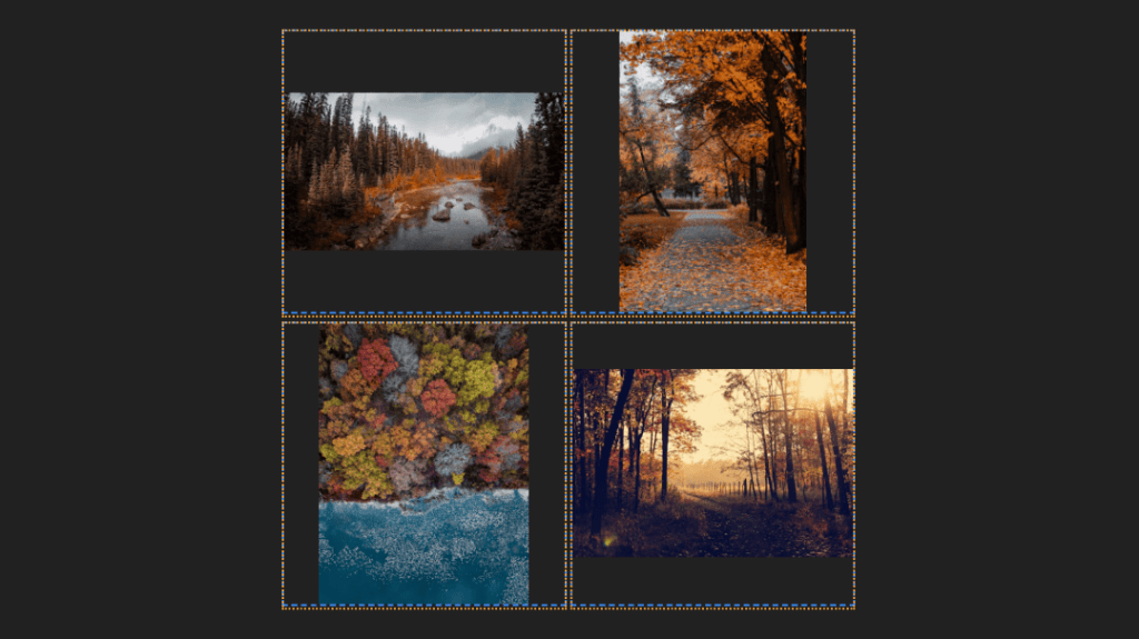Screenshot. The same 2×2 grid with 4 square `img` elements, each containing a non-square image and, at the same time, tightly fit within a wrapper occupying one of the 4 grid cells. There seems to be a bit of an outline mismatch at the bottom of each image, as if there's a bit of extra space.