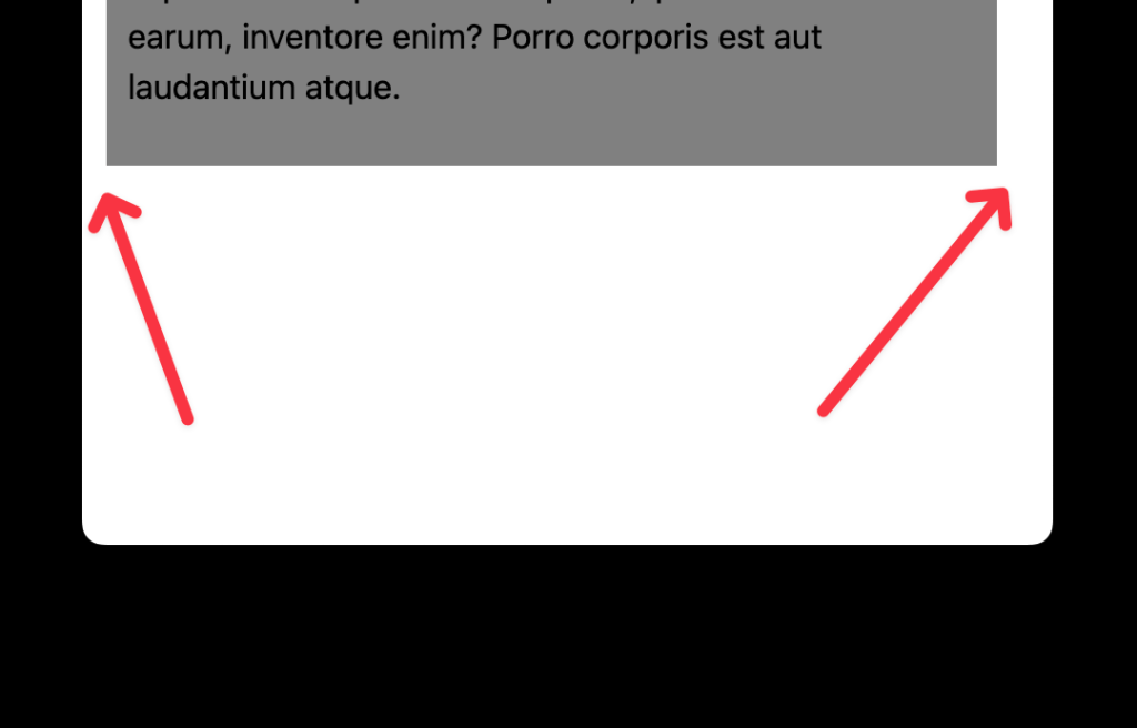 Screenshot showing a content area with a gray background, below which there is a large white space indicating the absence of a vertical scrollbar, accompanied by red arrows pointing towards the white space.