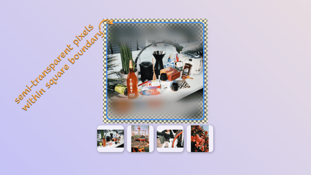 Screenshot of the original demo, with a checkerboard backdrop behind the result - the non-square image with a blur padding to square. The square boundary is also highlighted, so we can see how we have semi-transparent pixels close to the edges within the square boundary.