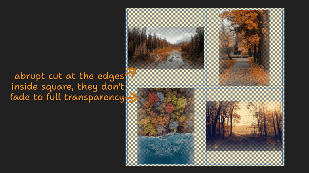 Screenshot of what happens when using the blur result as an alpha mask, illustrated via the same 2×2 square grid containing a non-square image in each of the 4 cells. There is an abrupt cut at the longer image edges inside the square, Each image starts fading towards transparent towards those longer edges inside the square, but it's still from fall transparency when we get to the edges, so we get an abrupt cut from semi-transparent, but with a still high enough alpha, to fully transparent.