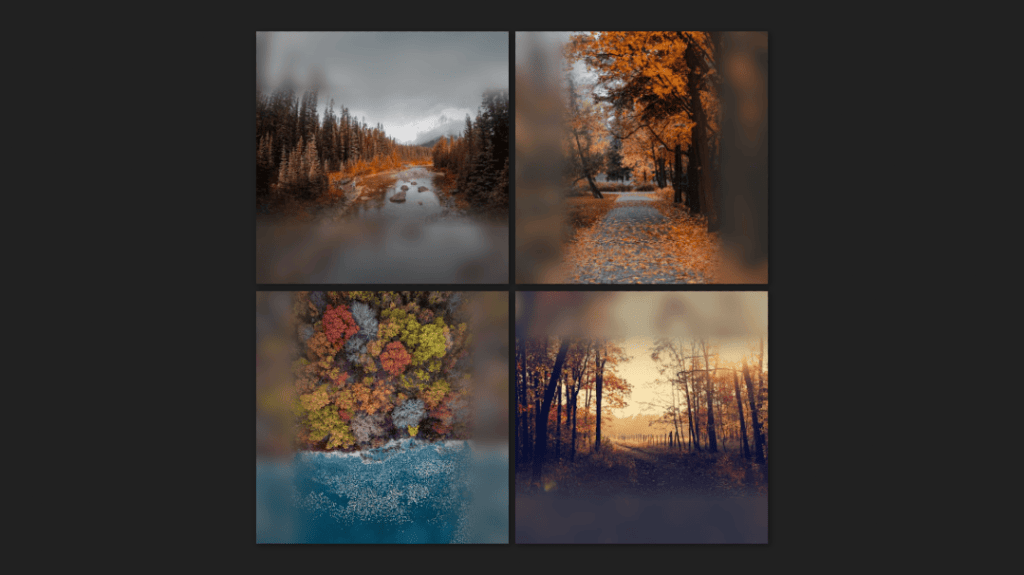 Screenshot. Shows the same 2×2 square grid containing a non-square image in each of the 4 cells, each image being padded with a blurred version of itself up to the square edges. We also have an extra touch, the non-square images fade smoothly into their blurred copy padding on the sides.