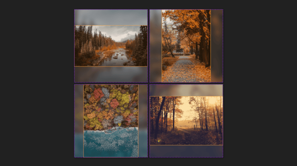 Screenshot. Shows the same 2×2 square grid containing a non-square image, centered along the axis of its shorter side in each of the 4 square cells. There are DevTools overlays highlighting the square boundary (the wrapper) and the rectangular image boundary.